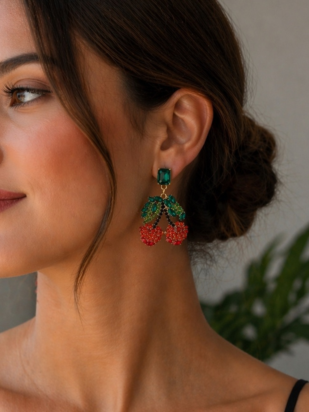 AKIRA Red Cherry Drop Earrings with Green Leaf Accents